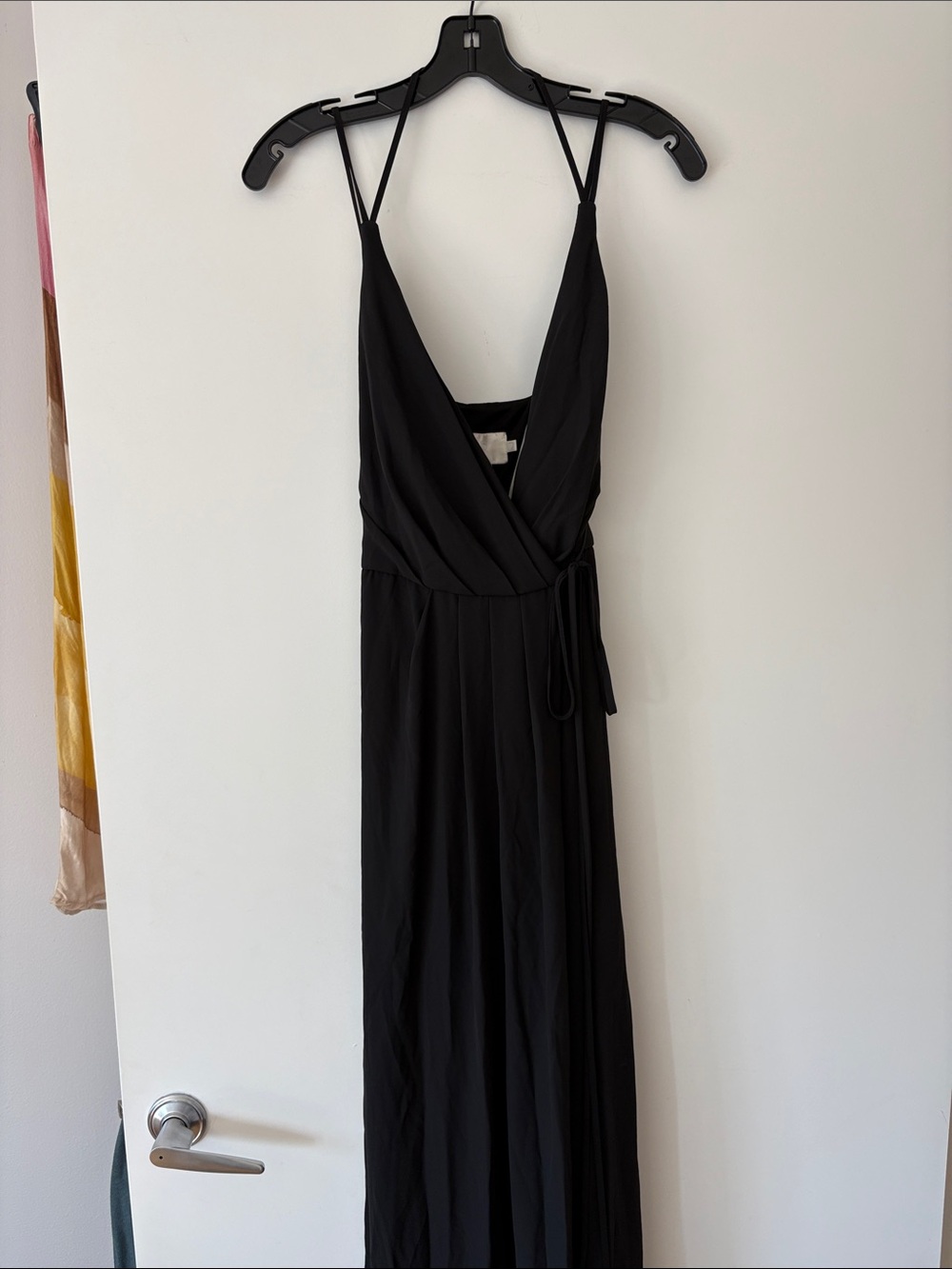 David's Bridal Black Wrap Maxi Dress with Spaghetti Straps